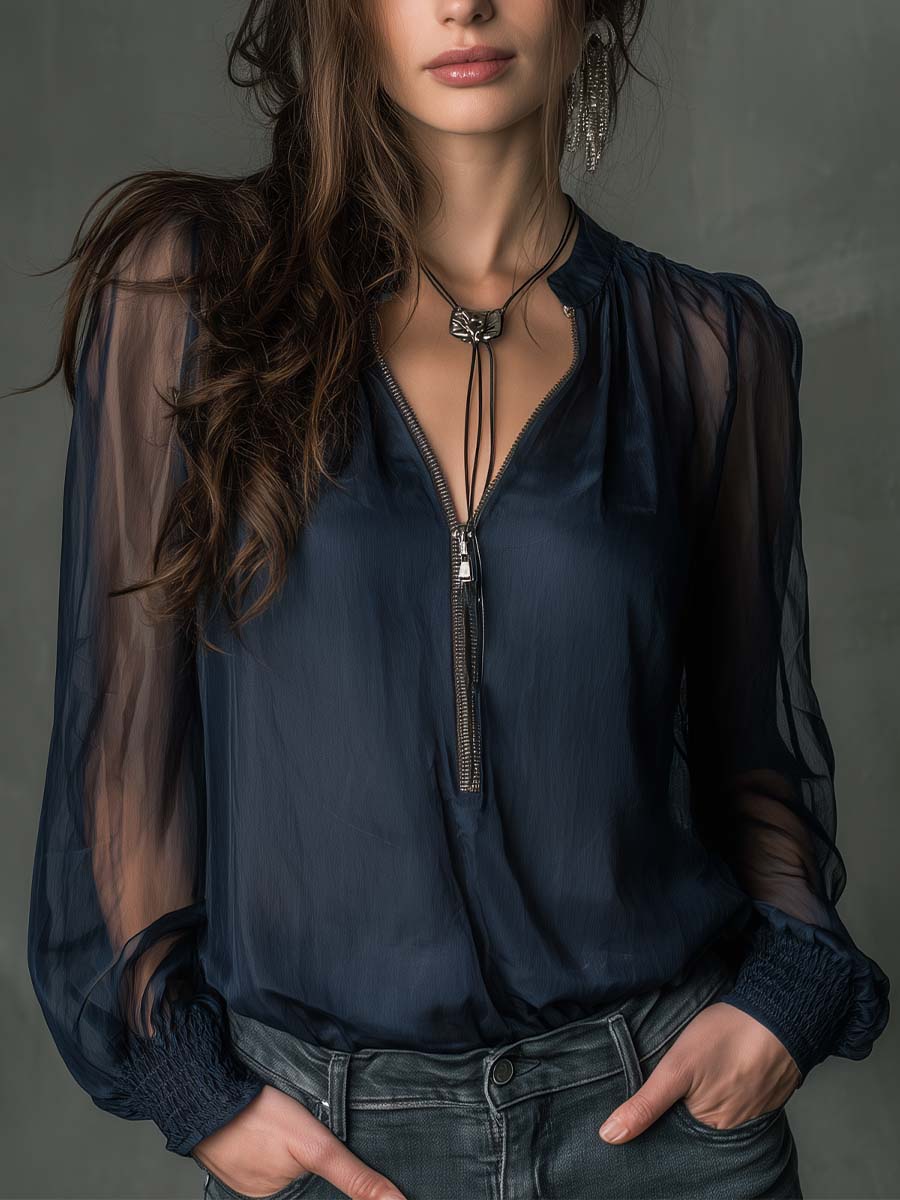Blusa de Gasa Transparente con Cierre Frontal
