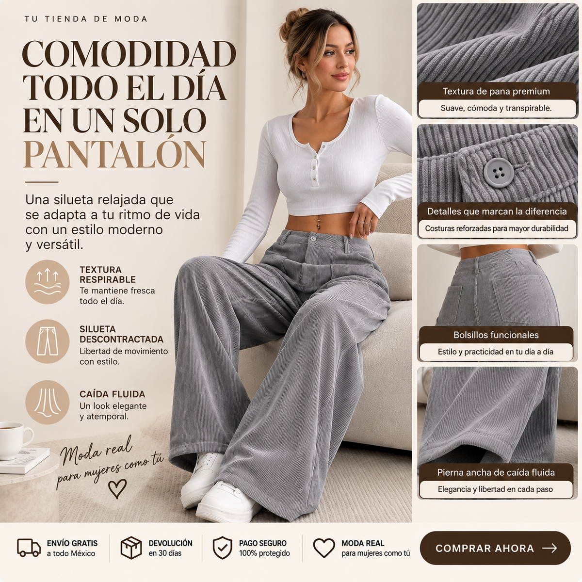 Pantalón Ancho Relajado para Mujer