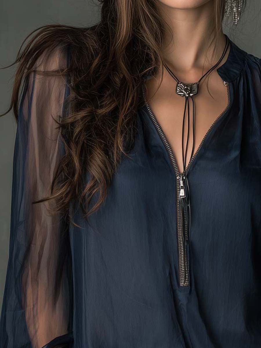 Blusa de Gasa Transparente con Cierre Frontal