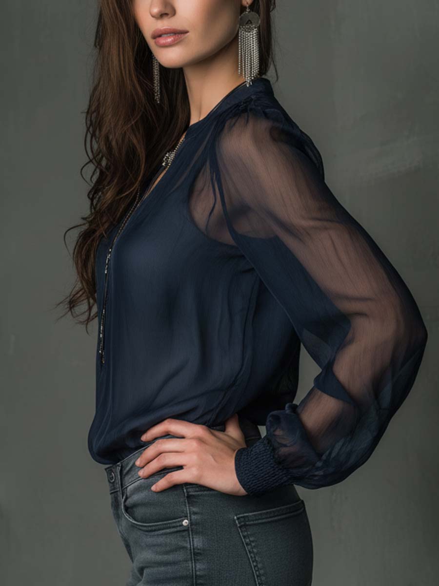 Blusa de Gasa Transparente con Cierre Frontal
