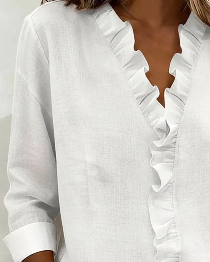 Aletta - Blusa Con Cuello En V Con Volantes y Manga Larga