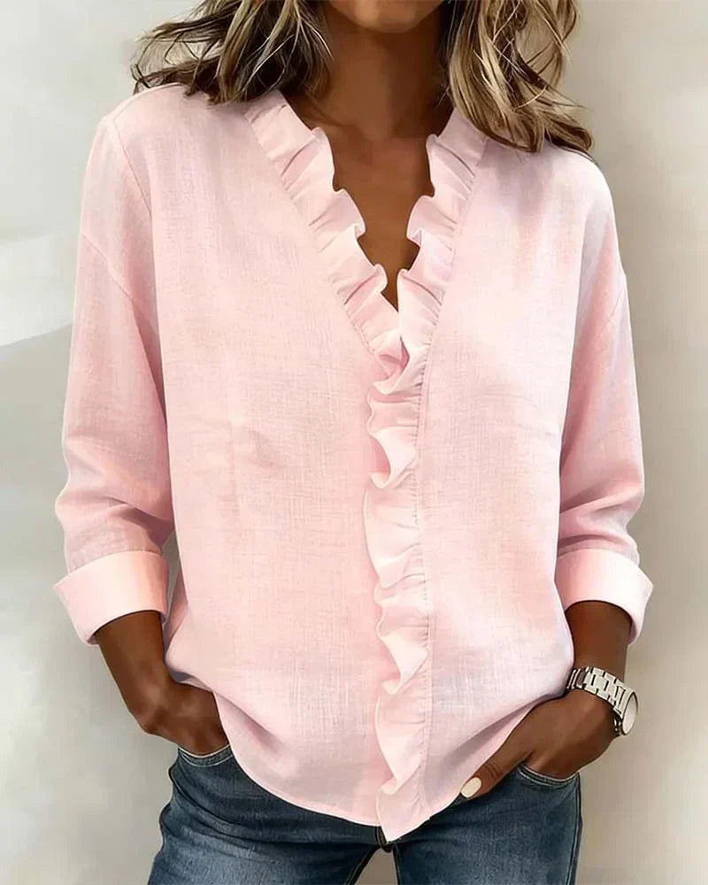 Aletta - Blusa Con Cuello En V Con Volantes y Manga Larga
