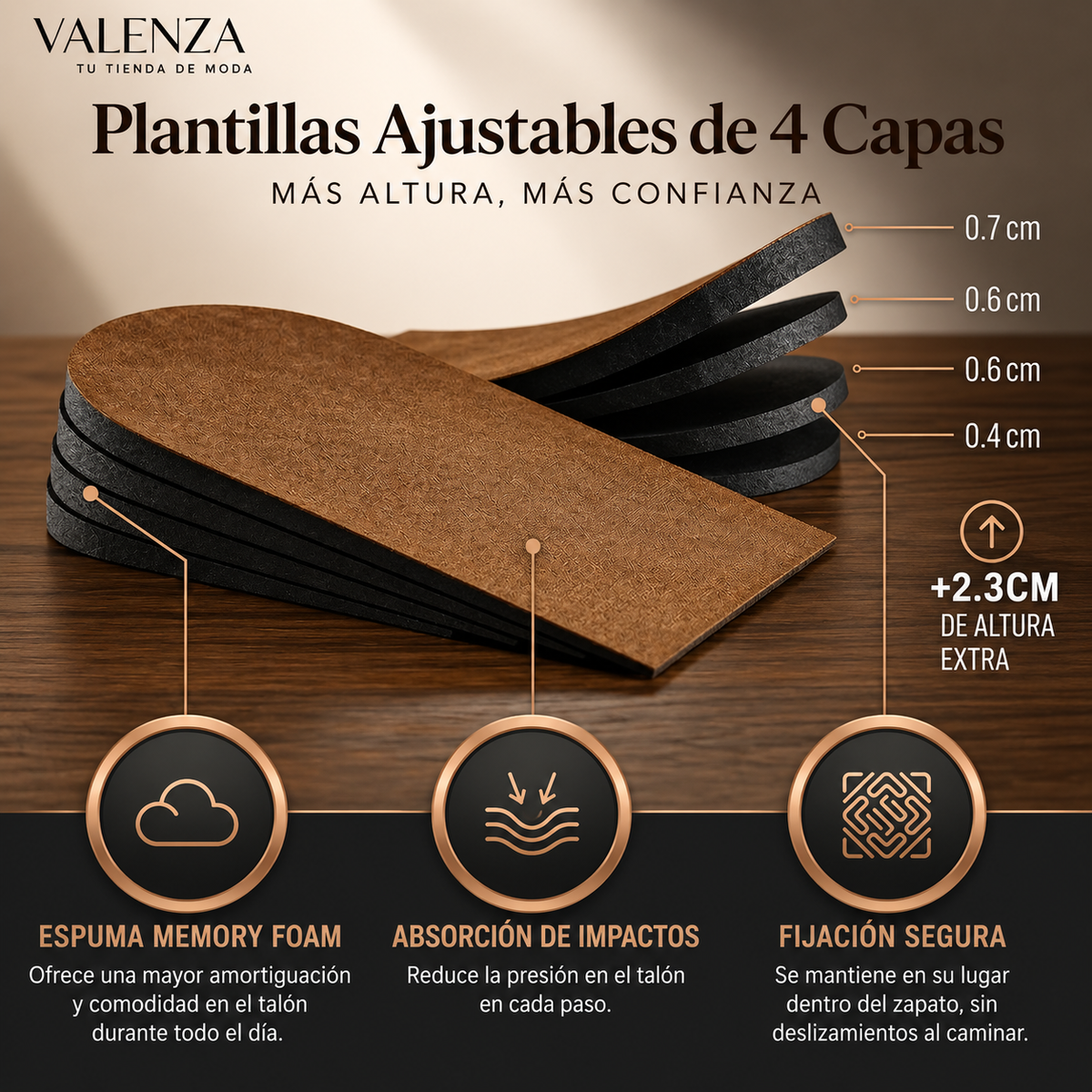 Taloneras Ajustables de 4 Capas — Hasta +2.3 cm