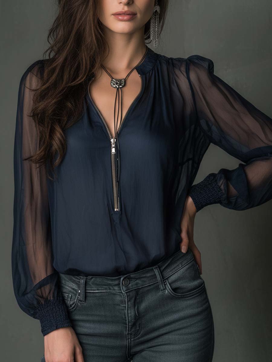 Blusa de Gasa Transparente con Cierre Frontal