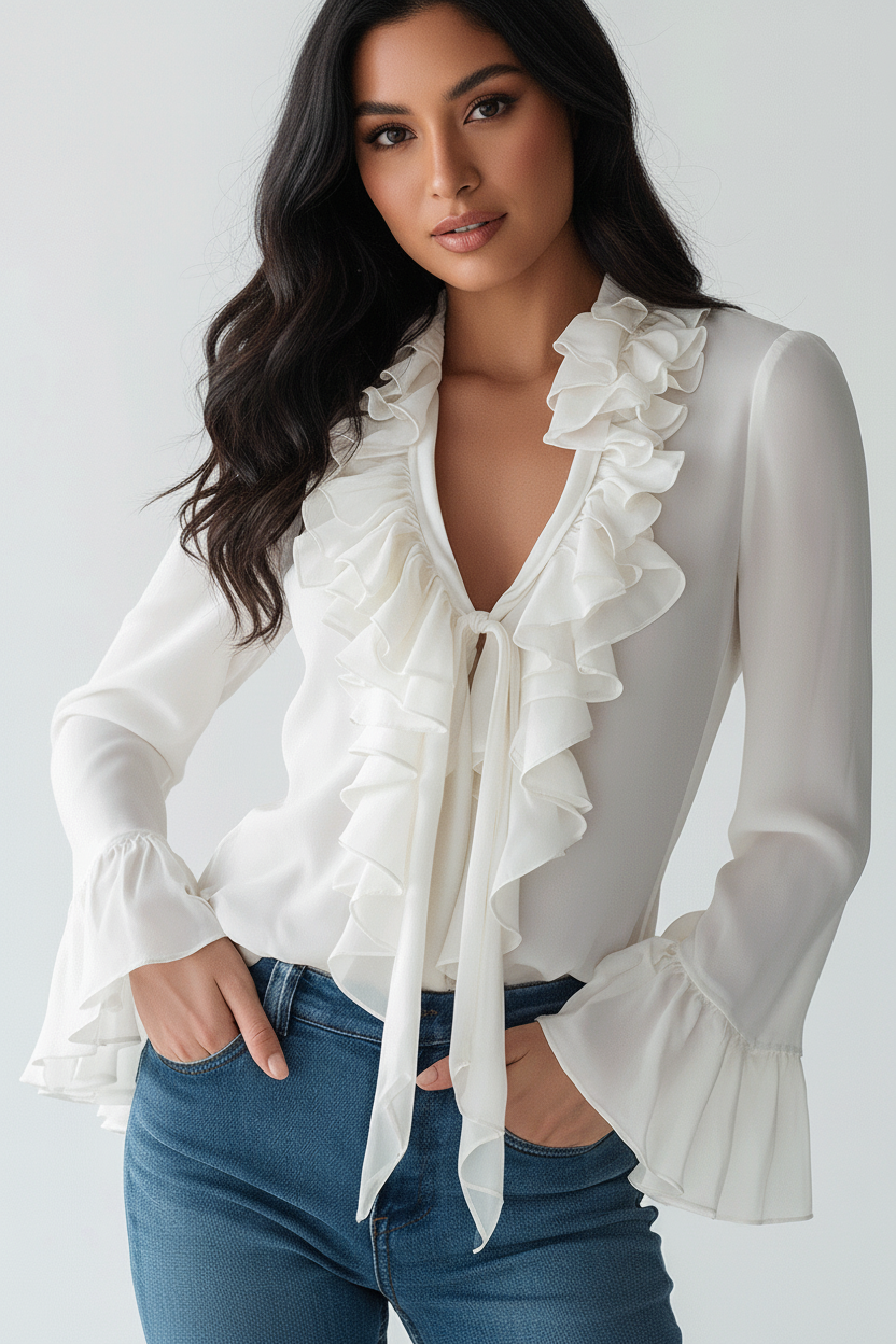 Blusa Blanca de Gasa Vintage con Volantes