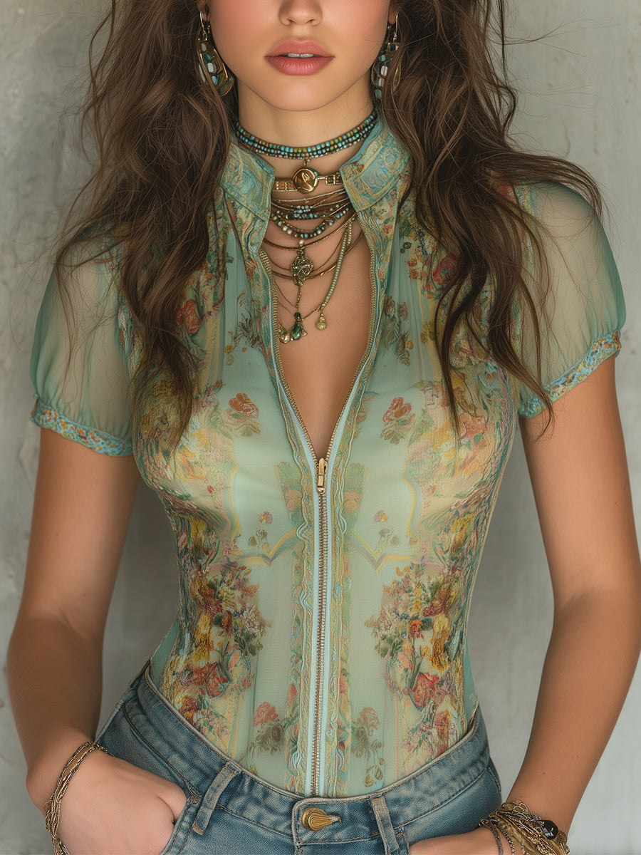 Blusa de gasa de manga corta, corte ajustado y estampado retro