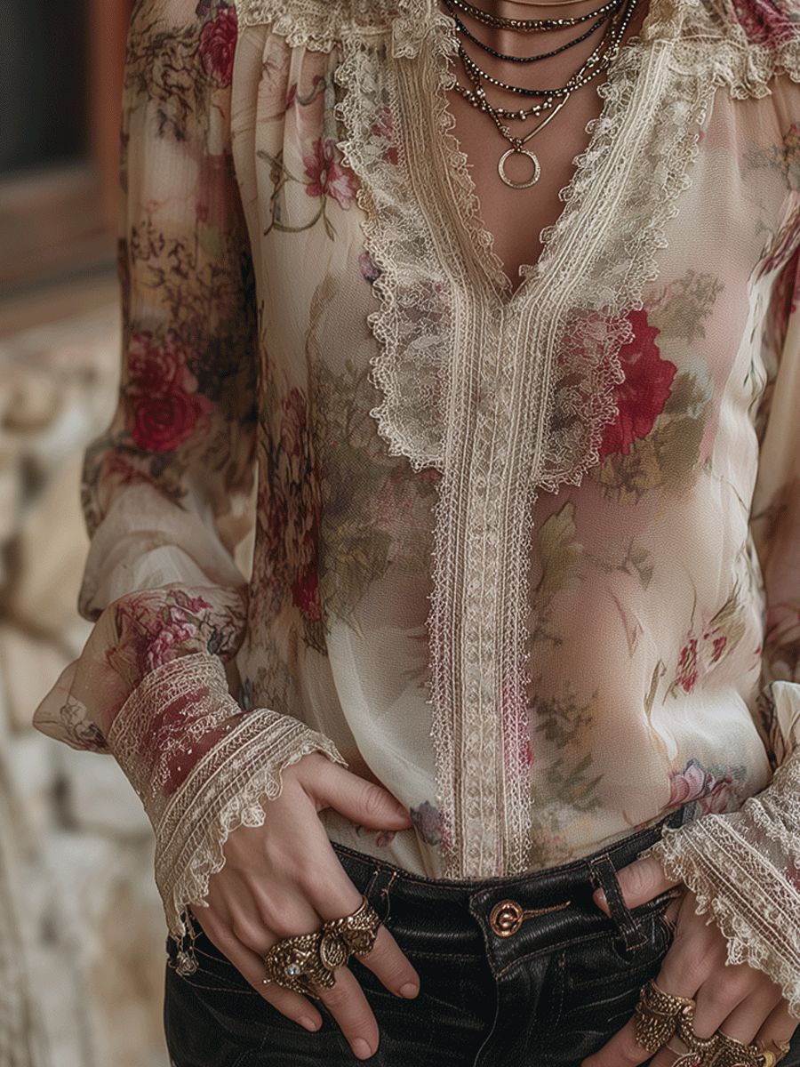 Blusa de Gasa Floral Vintage con Encaje Romántico