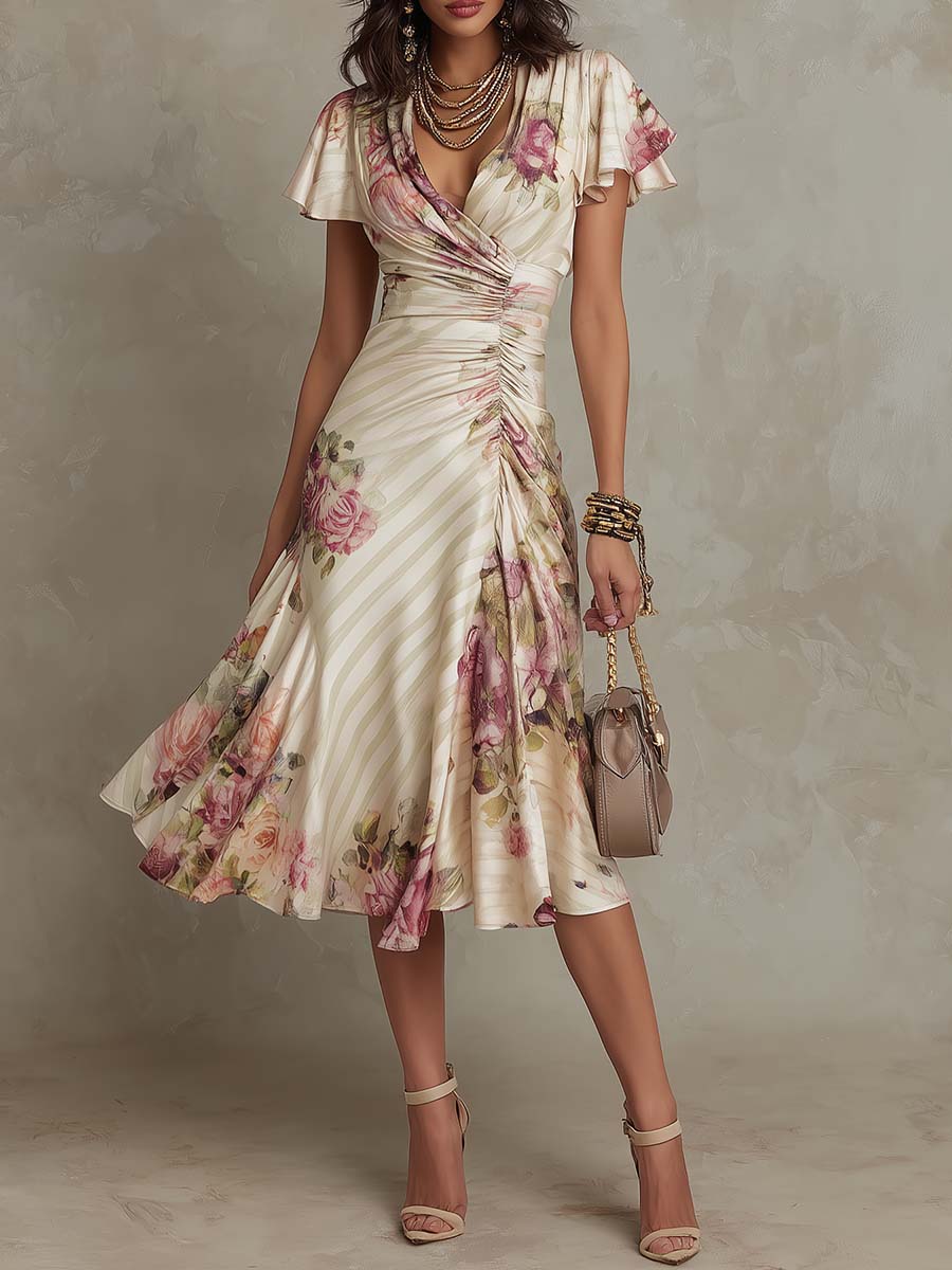 Vestido midi drapeado floral elegante Alba