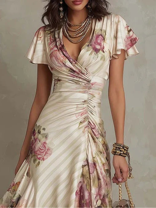Vestido midi drapeado floral elegante Alba