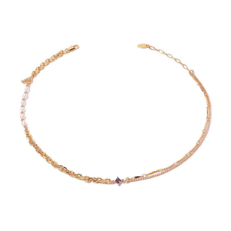 Collar Dorado con Cristales, Cadenas y Perlas