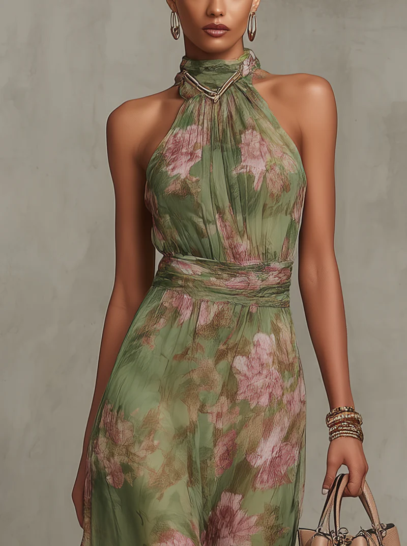Serena — Elegante vestido largo de gasa con escote halter