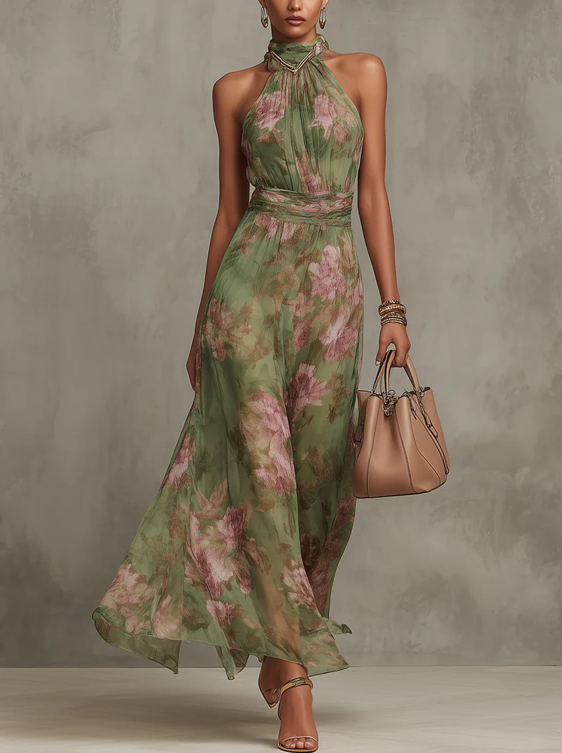 Serena — Elegante vestido largo de gasa con escote halter