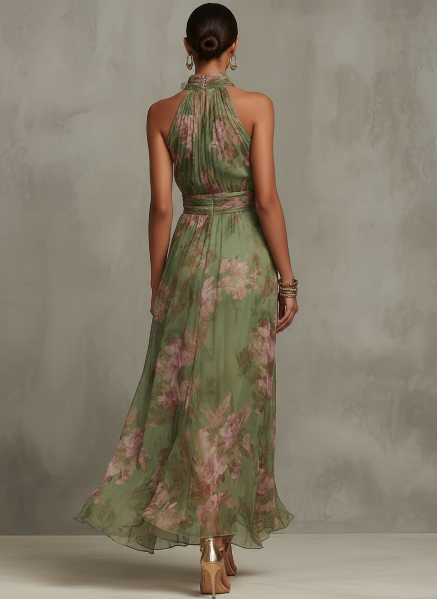 Serena — Elegante vestido largo de gasa con escote halter
