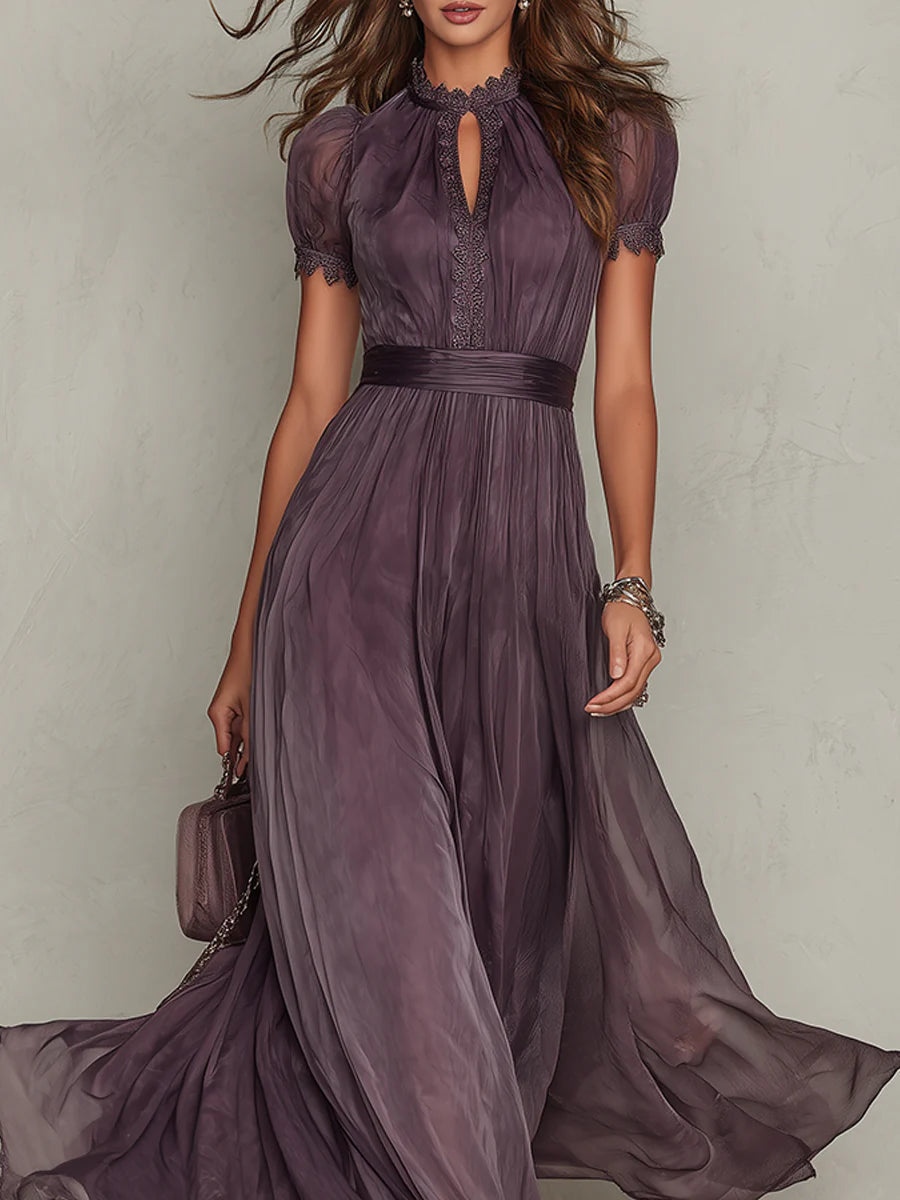 Vestido largo elegante de gasa morada Flavia con aberturas
