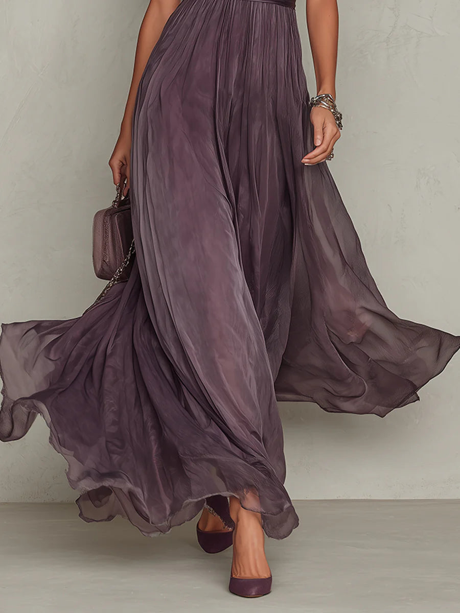 Vestido largo elegante de gasa morada Flavia con aberturas