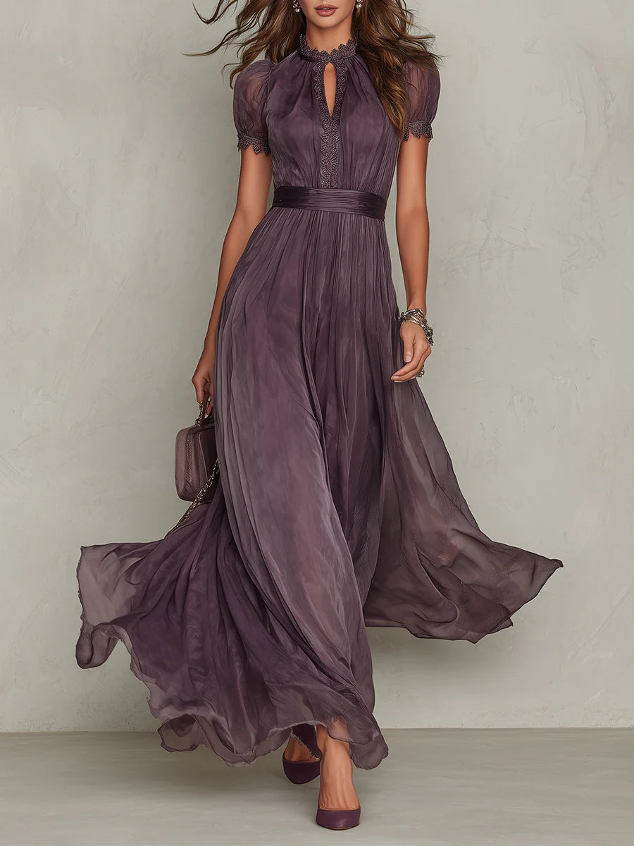 Vestido largo elegante de gasa morada Flavia con aberturas