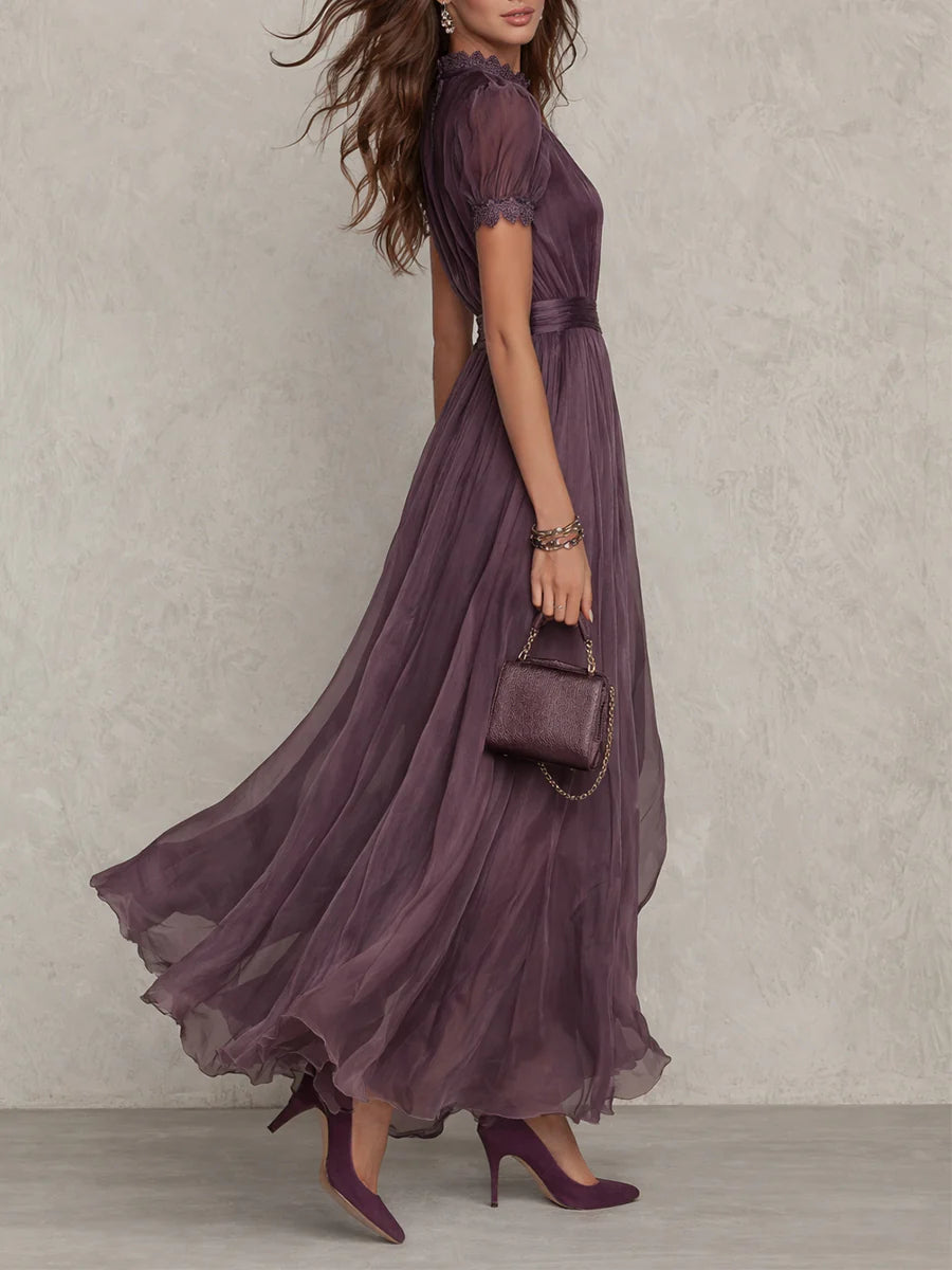 Vestido largo elegante de gasa morada Flavia con aberturas