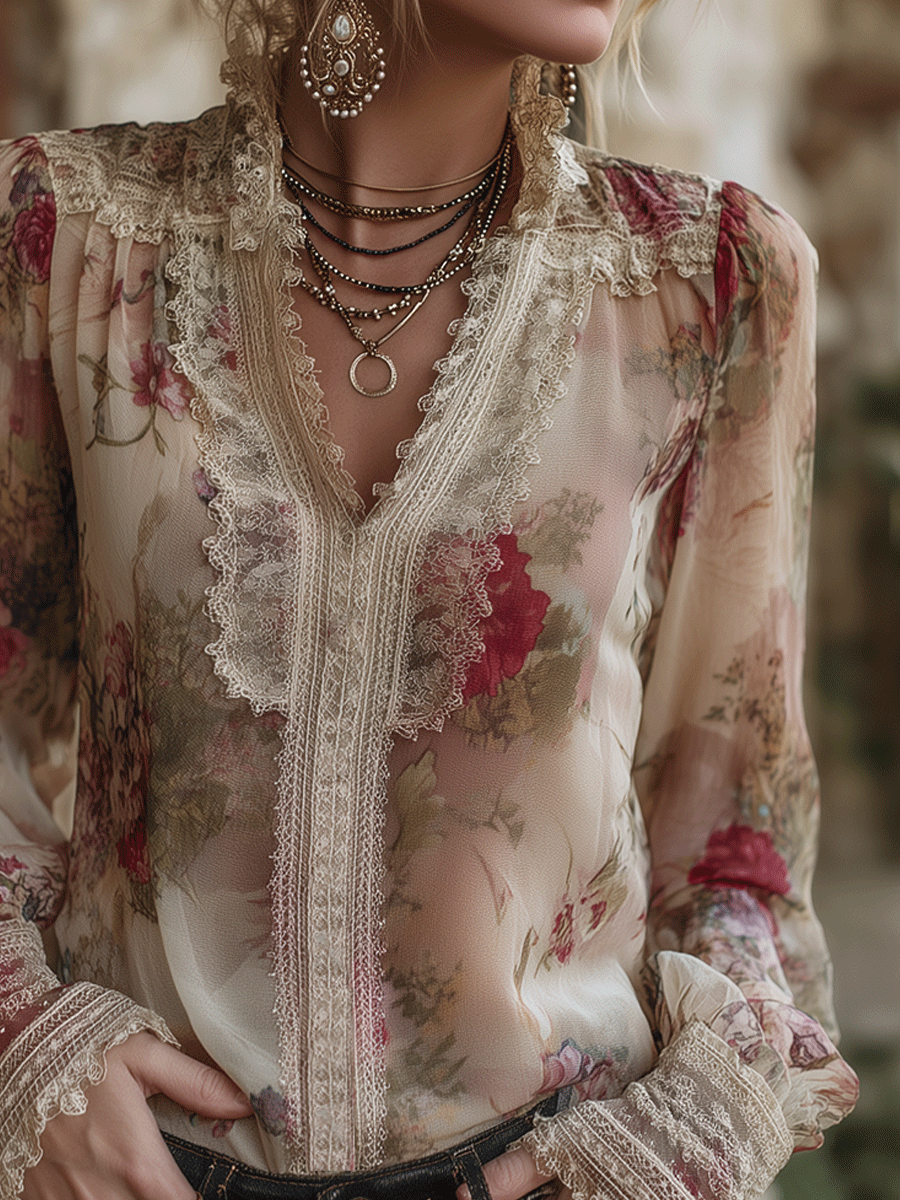 Blusa de Gasa Floral Vintage con Encaje Romántico