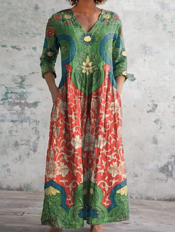 Abriella - Vestido Largo Con Estampado De Lotos y Bolsillos