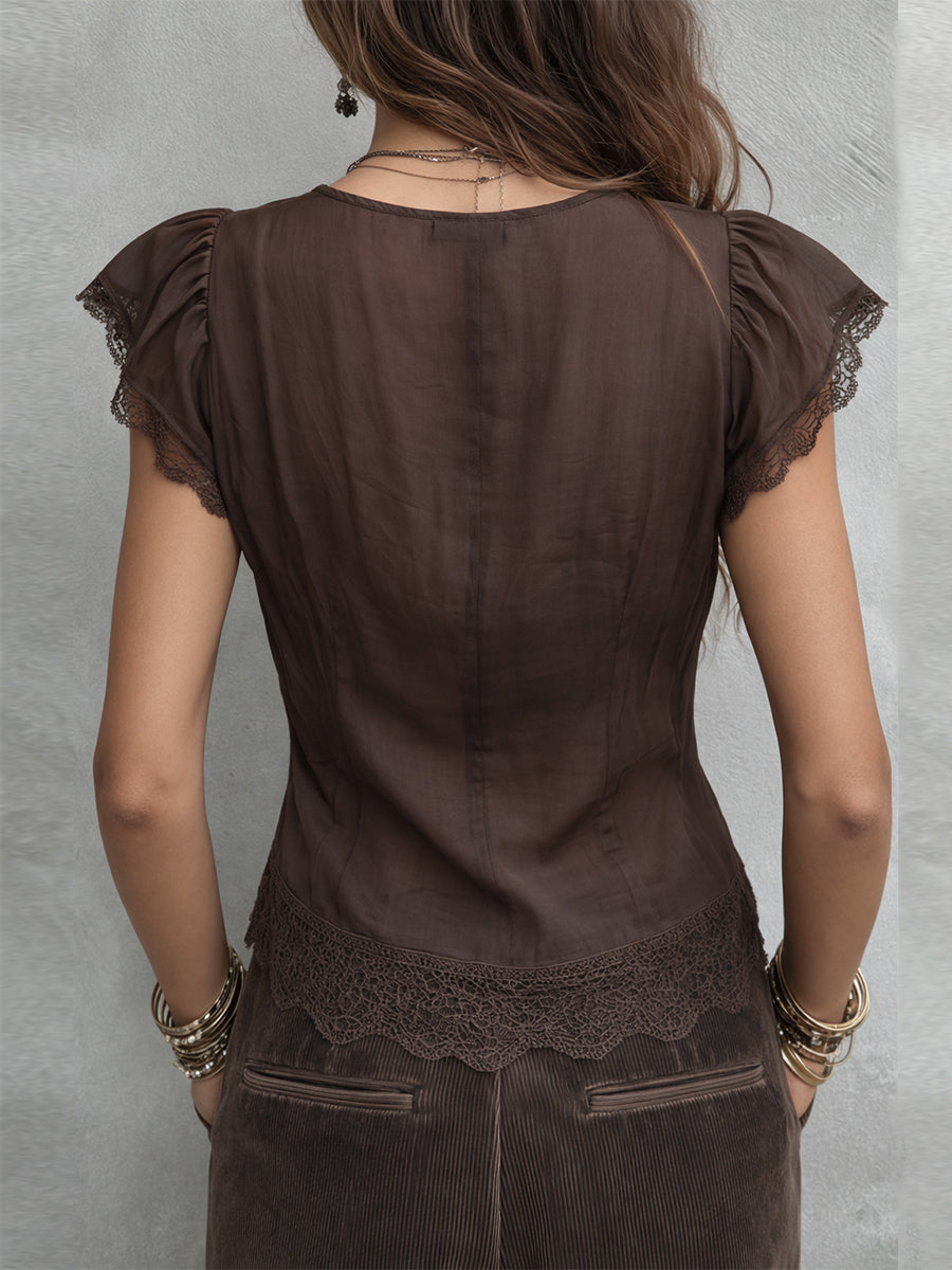 Blusa vintage de Tencel con escote en V y ribete de encaje