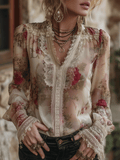 Blusa de Gasa Floral Vintage con Encaje Romántico