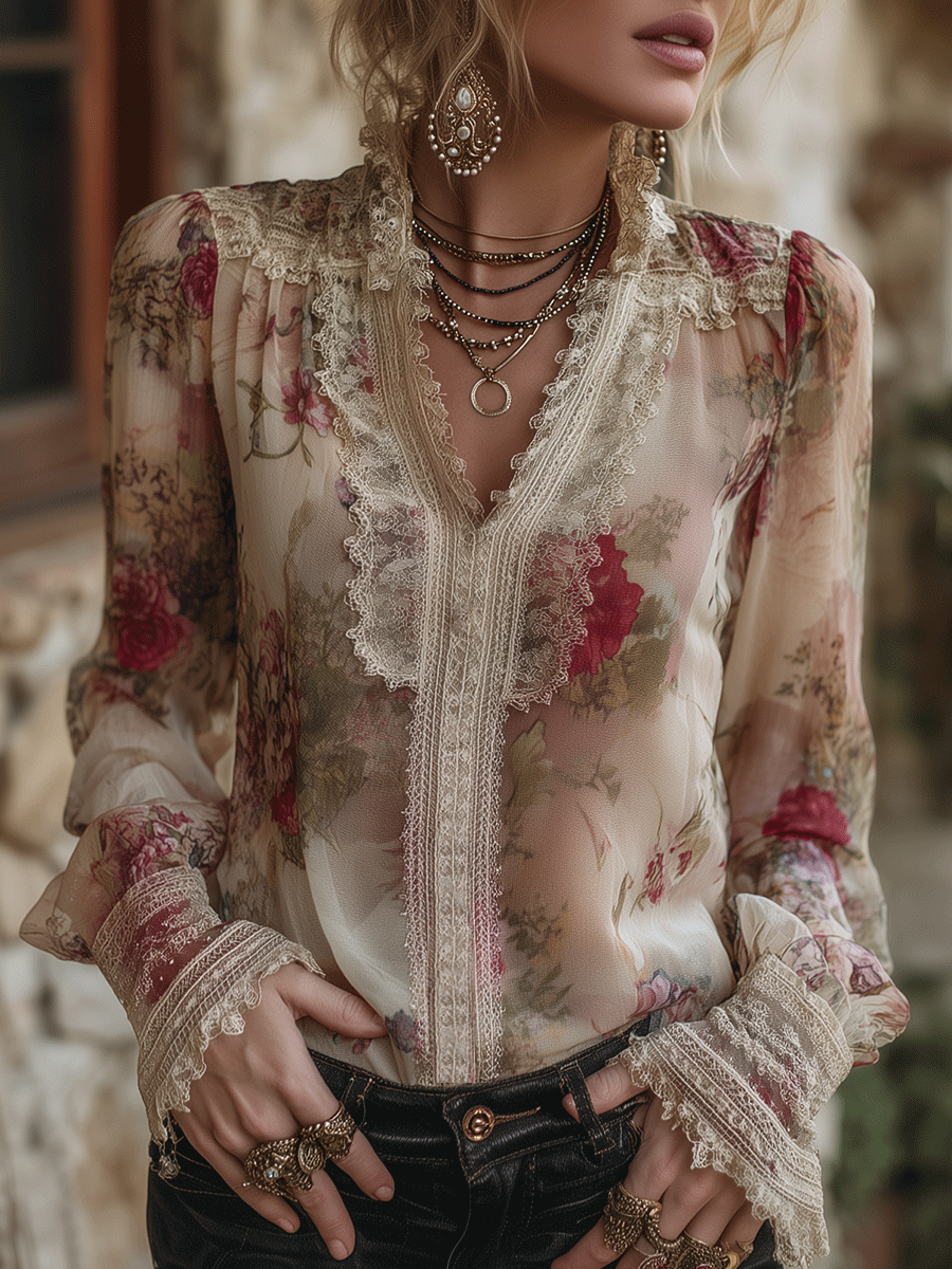 Blusa de Gasa Floral Vintage con Encaje Romántico