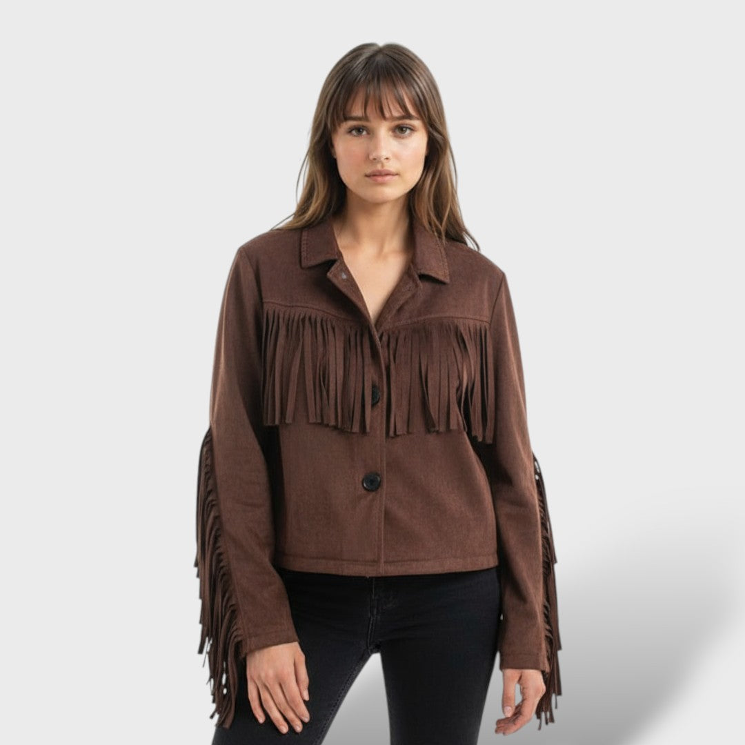 Chamarra Corta de Gamuza con Flecos Mujer Elegante