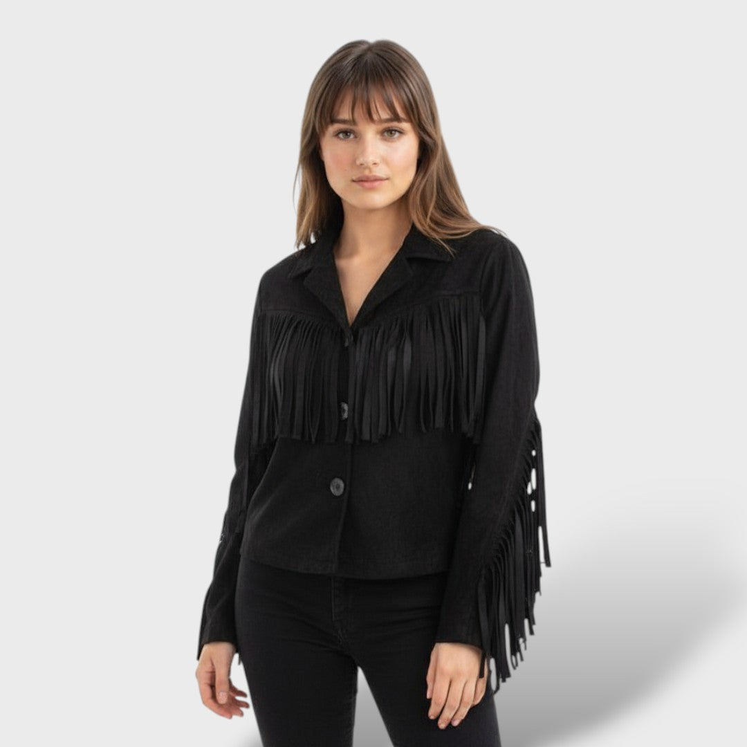 Chamarra Corta de Gamuza con Flecos Mujer Elegante