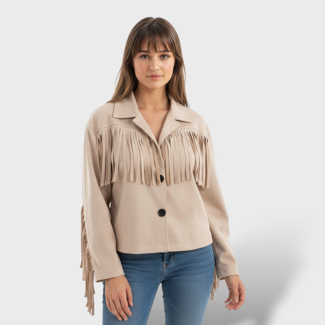 Chamarra Corta de Gamuza con Flecos Mujer Elegante