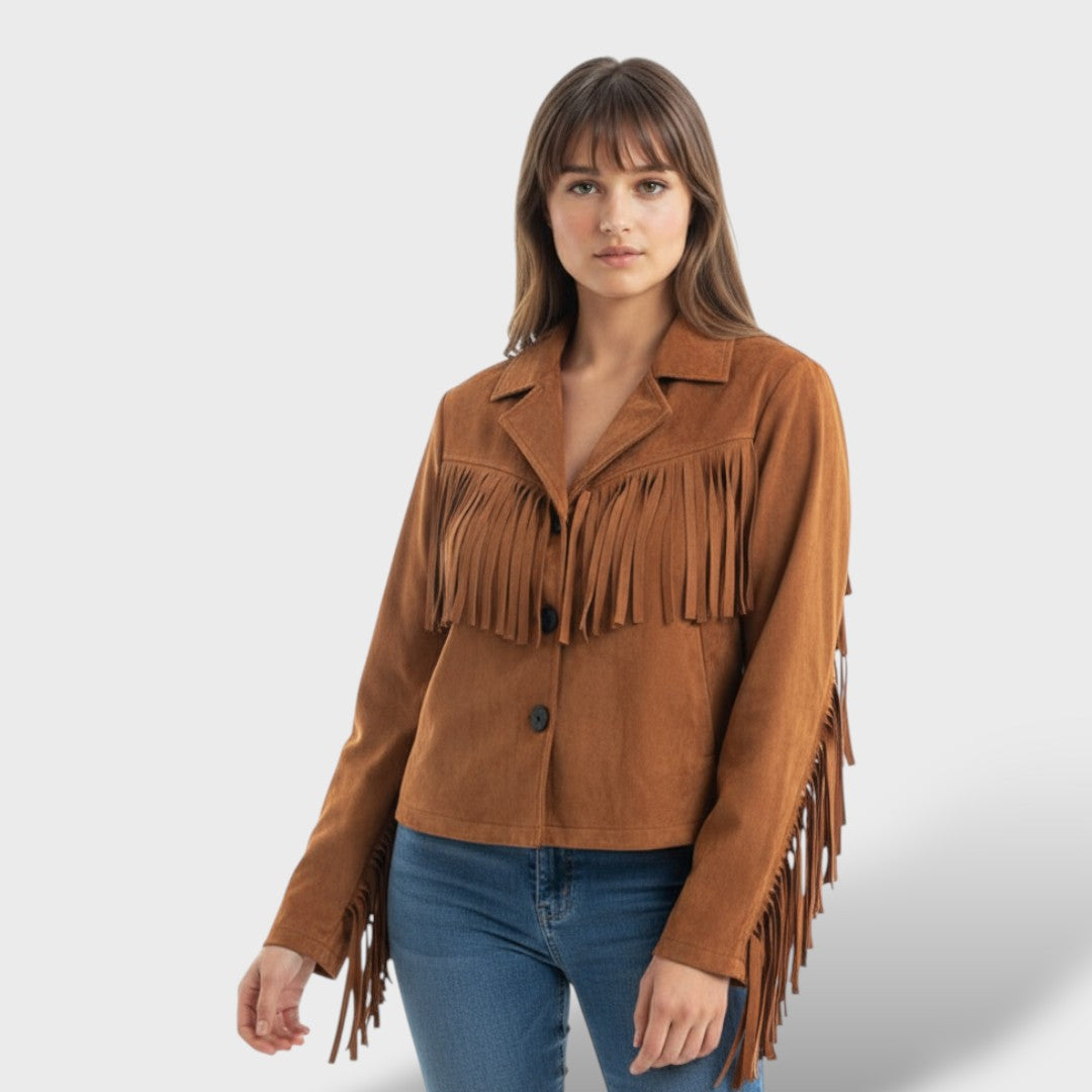 Chamarra Corta de Gamuza con Flecos Mujer Elegante