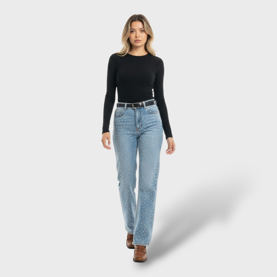 Pantalones Rectos Tiro Alto Diamanté
