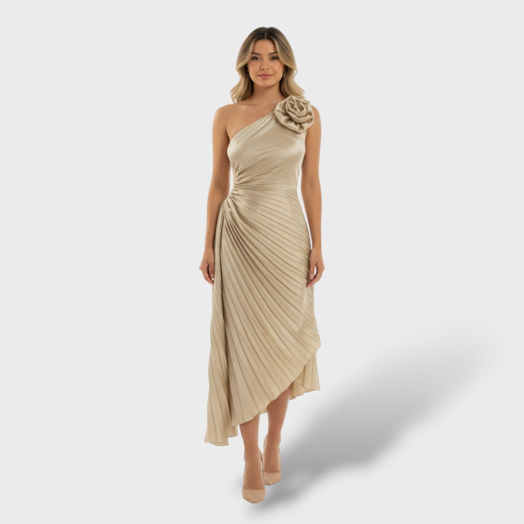 Vestido Largo Asimétrico Plisado