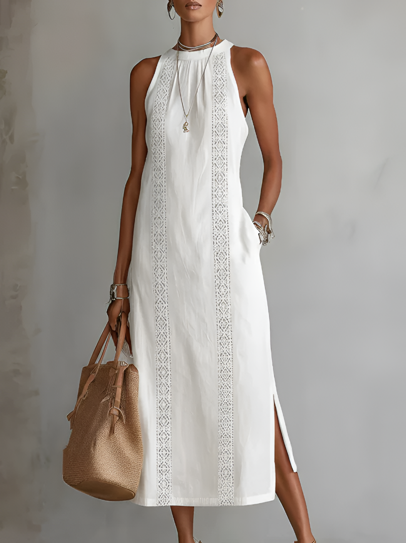 Vestido midi bordado Jimena con cuello mandarín