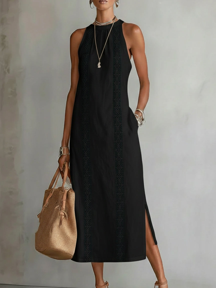 Vestido midi bordado Jimena con cuello mandarín
